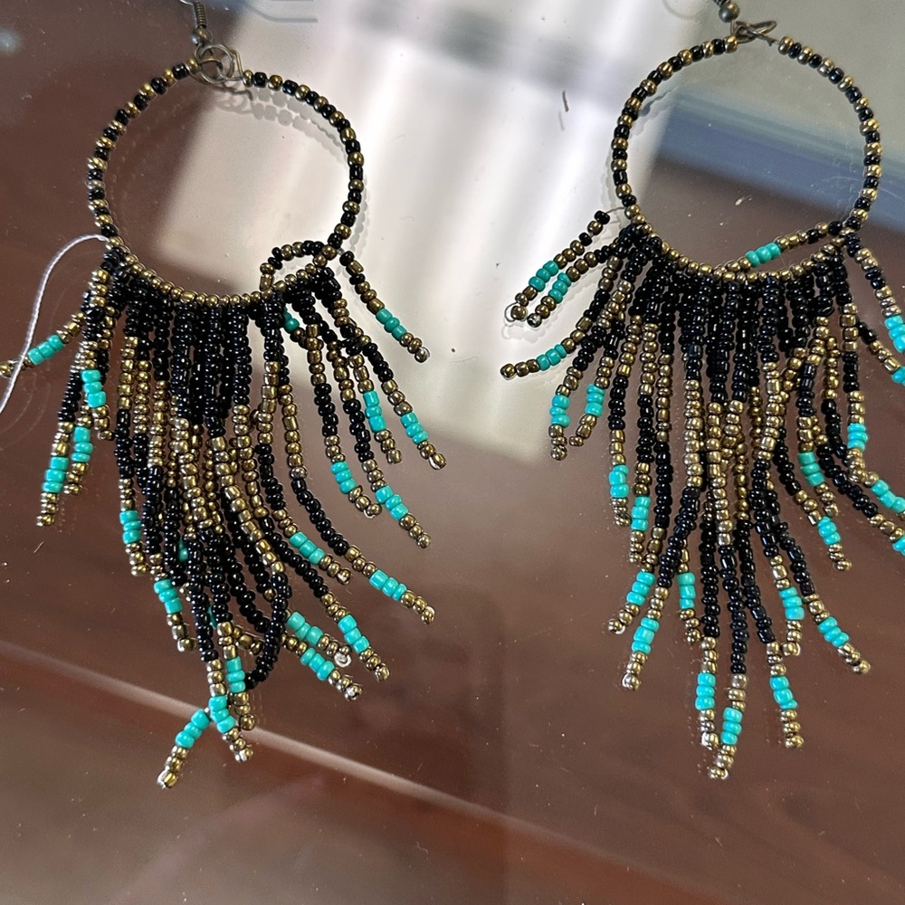 Beaded Fringe Hoop Earrings